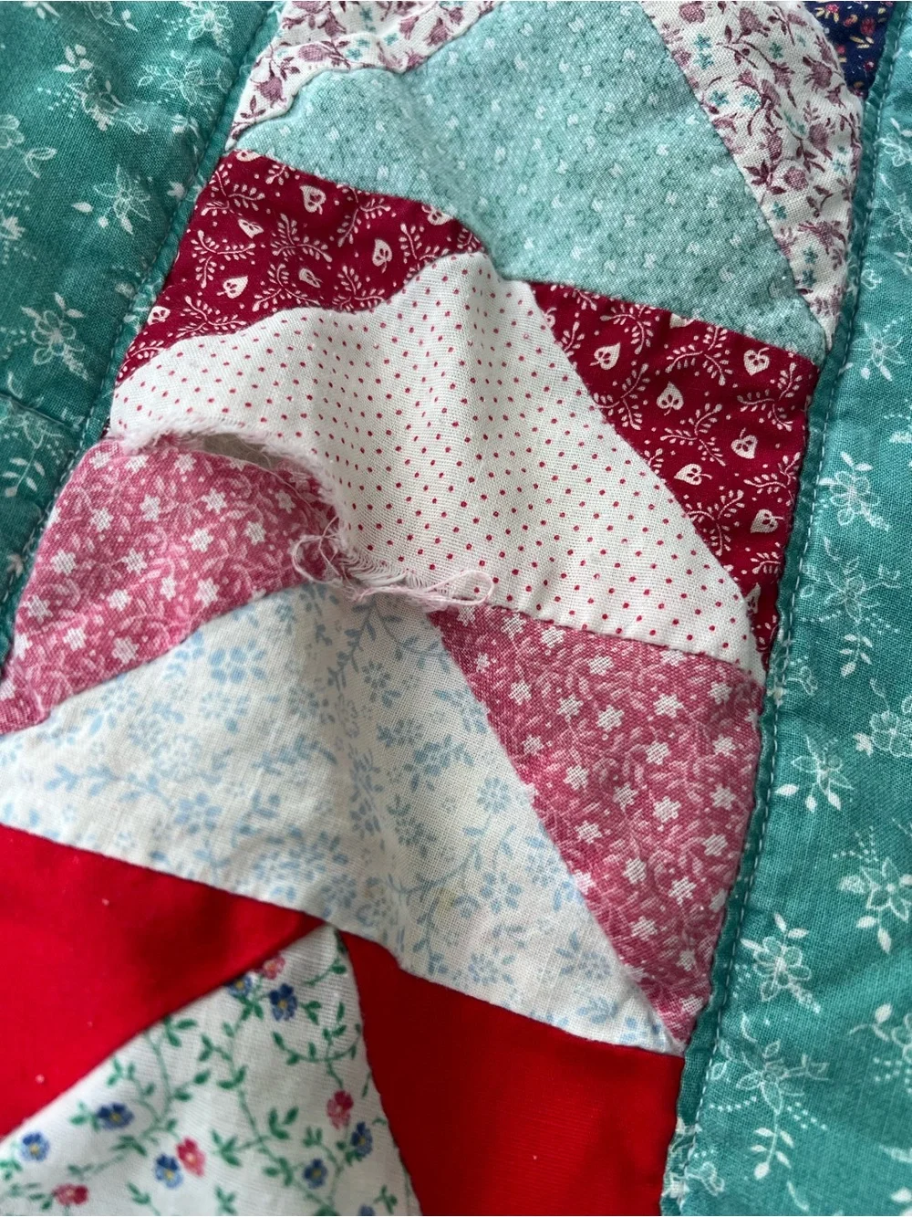 Vintage Early 1990s Calico Revival Quilt,Flying Geese Patchwork,Teal Cottagecore